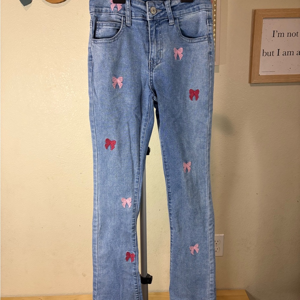 GOGO Kids Blue Jeans with Pink and Red Bow Details